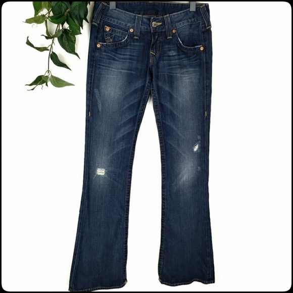 True Religion Denim - TRUE RELIGION Bobby Deep Wash Distressed Low Rise Flare Jeans Size: 28